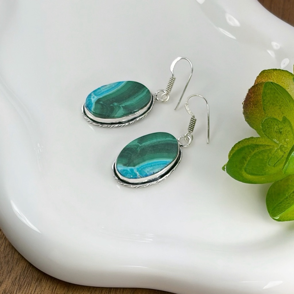 Boho Southwest Malachite Chrysocolla Earrings 925 Sterling Silver Overlay - Picture 4 of 6